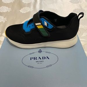 Prada Grip-Strap Neoprene Sneaker, Black/Blue original New